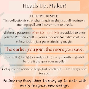 This visual promotes the exclusive benefits of the Entire Shop Bundle, a 500+ cross stitch pattern PDF collection with lifetime access and no subscription. Your purchase unlocks not only current patterns but also every future design added to the shop — up to 80 monthly! From gothic witchy cross stitch to fairycore, animal embroidery, and full coverage scenes, this bundle offers unmatched value. Stored in a secure Google Drive vault, it's a dream library for passionate stitchers.