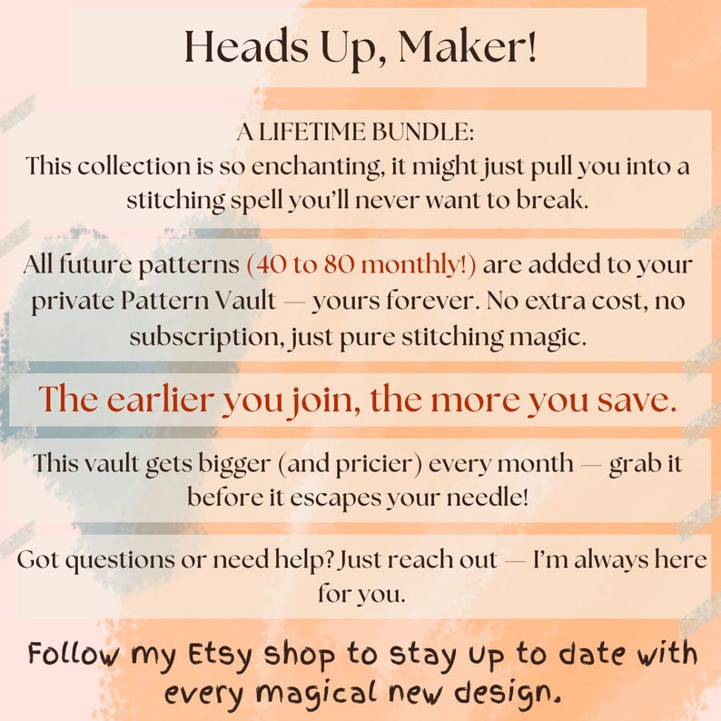 This visual promotes the exclusive benefits of the Entire Shop Bundle, a 500+ cross stitch pattern PDF collection with lifetime access and no subscription. Your purchase unlocks not only current patterns but also every future design added to the shop — up to 80 monthly! From gothic witchy cross stitch to fairycore, animal embroidery, and full coverage scenes, this bundle offers unmatched value. Stored in a secure Google Drive vault, it's a dream library for passionate stitchers.