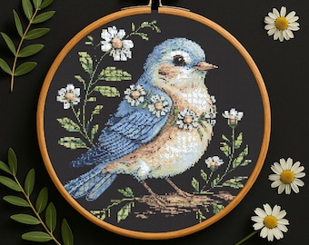 ブルーバードのクロスステッチパターン：ヴィンテージフローラル刺繍