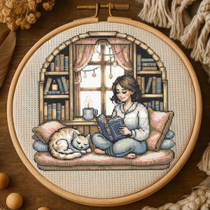Girl Reading Corner with Cat Cross Stitch Pattern Peaceful Woman Reading by the Window Embroidery Perfect Cross Stitch For Book Lovers