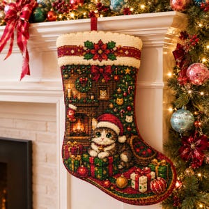 May include: A Christmas stocking featuring a cross-stitched design of a tabby cat wearing a Santa hat, sitting on wrapped gifts in front of a fireplace. The stocking has a cream-colored cuff with a red poinsettia pattern and a red trim.