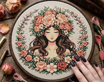 May include: Cross-stitch embroidery of a woman with long brown hair and a floral crown, surrounded by a wreath of flowers. The embroidery is set in a wooden hoop. The color palette includes shades of peach, pink, green, and brown.