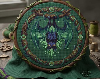 Gothic Bat Cross Stitch Pattern: Forest Vine Emblem Embroidery PDF