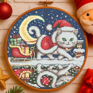 Cute Christmas Cat Cross Stitch Pattern Santa Cat Christmas Holiday Embroidery Pattern Kitty Santa Christmas Holiday Cross Stitch Beginner