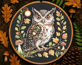 Autumn Forest Owl Cross Stitch Pattern Cut Woodland Owl with Acorn Embroidery Whimsical Cozy Forest Bird Cross Stitch Pattern for Beginner
