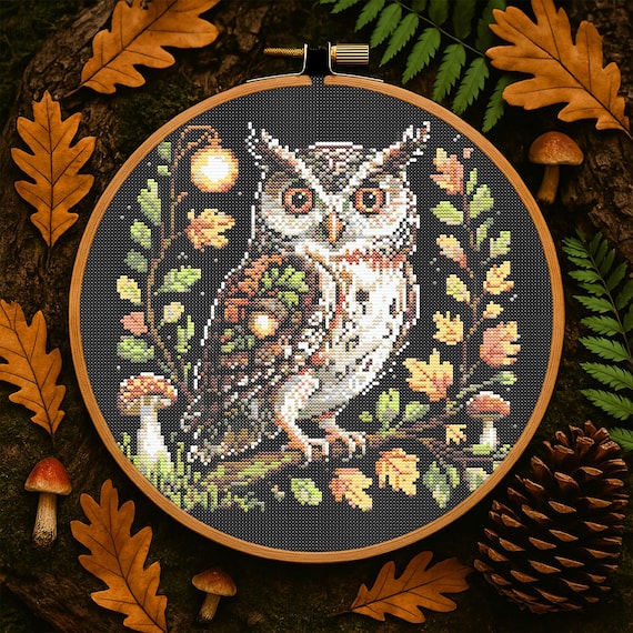 Autumn Forest Owl Cross Stitch Pattern Cut Woodland Owl with Acorn Embroidery Whimsical Cozy Forest Bird Cross Stitch Pattern for Beginner