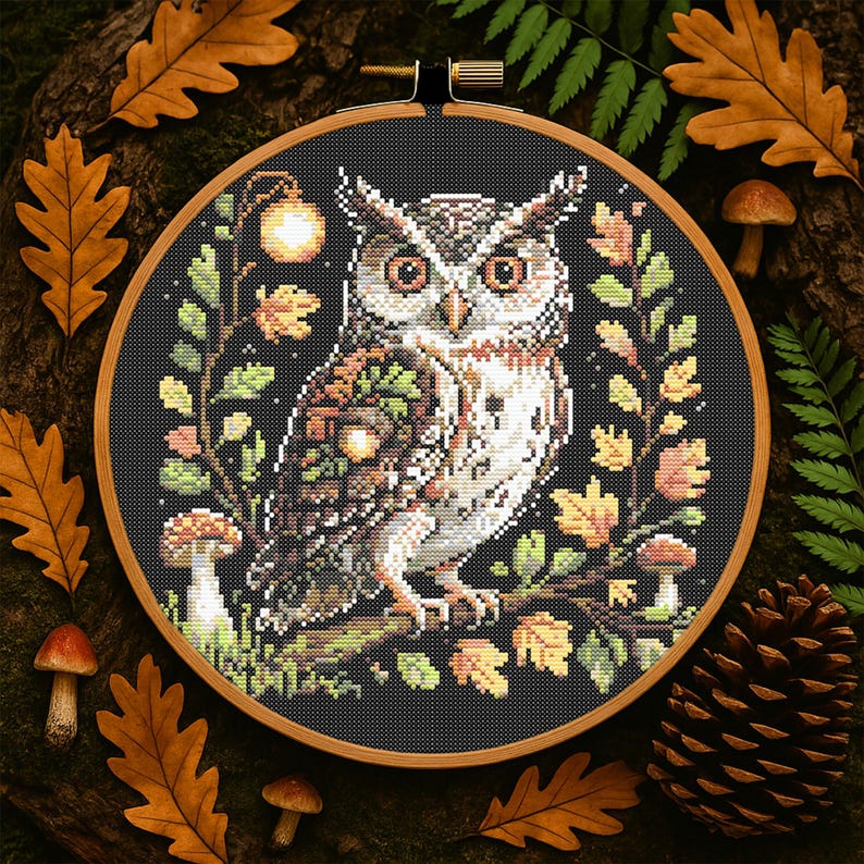Celebrate the coziness of fall with this Autumn Owl Cross-Stitch Pattern featuring a wise forest owl perched on a branch surrounded by golden leaves, acorns, and glowing mushrooms. Designed at 145 x 145 stitches and using 16 beautiful DMC shades including Cocoa, Mocha, Peach, and Snow White, this pattern is perfect for nature lovers and cozy seasonal decor. Download the PDF instantly and stitch your way into a magical forest scene.