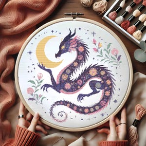 Celestial Dragon Cross Stitch Pattern, Fantasy Lunar Embroidery Design, Mythical Dragon & Crescent Moon Cross Stitch, Gothic Cross Stitch