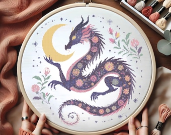 Celestial Dragon Cross Stitch Pattern, Fantasy Lunar Embroidery Design, Mythical Dragon & Crescent Moon Cross Stitch, Gothic Cross Stitch