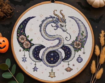 Padrão de ponto cruz de dragão floral celestial, galáxia, lua, fantasia, dragão, bordado, dragão mágico, céu cósmico, ponto cruz de Halloween em PDF