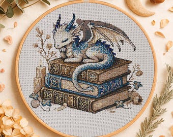 眠っている赤ちゃんのドラゴンの本のクロスステッチパターン居心地の良いドラゴンの刺繍魔法のドラゴンの本ファンタジーハロウィーンクロスステッチPDF初心者