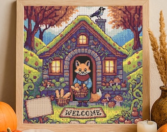 Whimsical Fox Welcome Home Cross Stitch Pattern Cozy Forest Cabin Autumn Embroidery Fairy Tale Cabin Cozy Woodland Fantasy Cross Stitch PDF