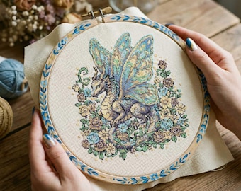 May include: A cross-stitch embroidery of a dragon with blue and yellow wings, surrounded by flowers. The embroidery is in a wooden hoop with a blue leaf pattern. The dragon is in shades of purple, yellow, and green.