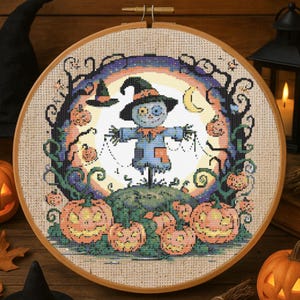 Halloween Scarecrow Cross Stitch Pattern Spooky Autumn Scarecrow Embroidery Pattern Glowing Pumpkins Cross Stitch For Halloween Lovers