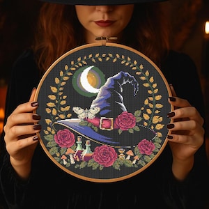 Floral Witch Hat Cross Stitch Pattern, Gothic Magical Witch Hat Halloween Embroidery Moon Spooky Halloween beginner stitching Pattern PDF