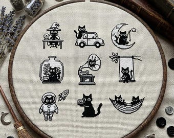 Minimalist Black Cat Cross Stitch Pattern Set: Kawaii Cat Icons in Monochrome Embroidery PDF