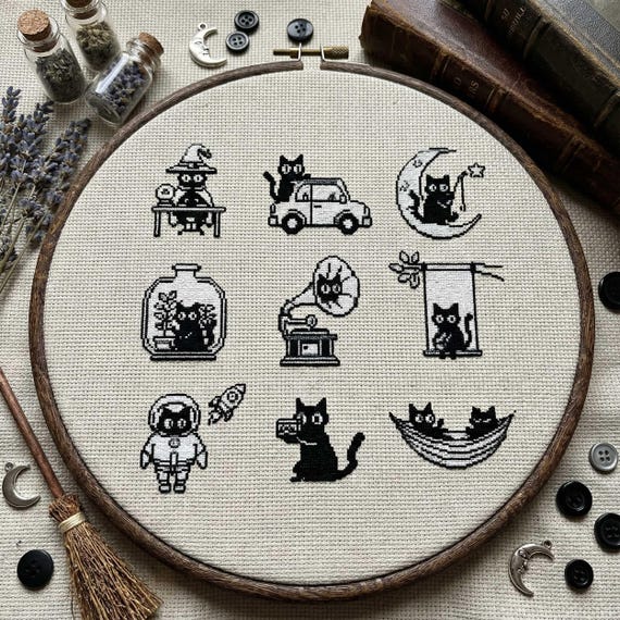 Minimalist Black Cat Cross Stitch Pattern Set: Kawaii Cat Icons in Monochrome Embroidery PDF