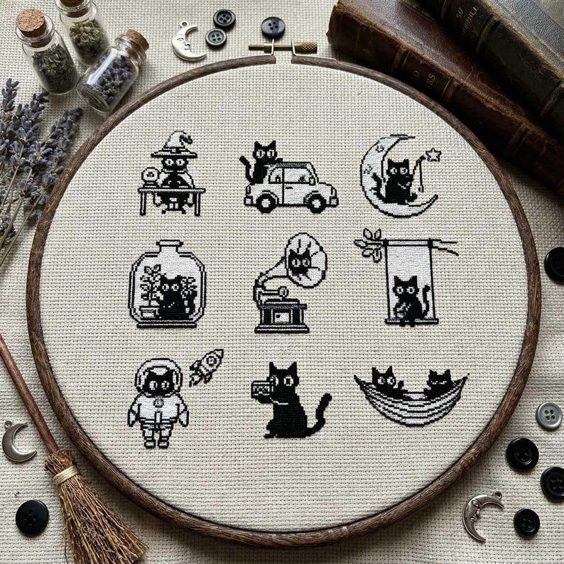 This fantasy cross-stitch pattern features a hobbit-style cottage illustrated across all four seasons, each framed within a decorative postage stamp border. Spring blooms with soft flowers and gentle sunlight, summer glows with lush greenery, autumn warms the scene with golden leaves, and winter settles into a peaceful snowfall beneath a glowing moon. The rounded door, grassy roof, and winding path tie each scene together, creating a cohesive yet varied seasonal collection.