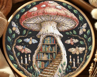 Zauberhaftes Pilz Bücherregal Kreuzstich Muster Fantasy Wald Bücherregal mit Motten Stickerei Pilz Bücher Bibliothek Kreuzstich PDF