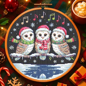 Christmas Owl Cross Stitch Pattern Winter Holiday Owl Embroidery Pattern Caroling Owls with Scarves Santa Hats Christmas Cross Stitch PDF