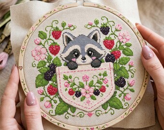 Beere Waschbär Kreuzstich Stickmuster: Erdbeere Brombeere Stickdatei PDF