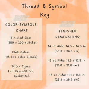 May include: A cross-stitch thread and symbol key chart with finished dimensions and color symbols. The chart includes finished sizes, DMC colors, and stitch types. Finished dimensions are provided for 14, 16, and 18 ct Aida cloth.