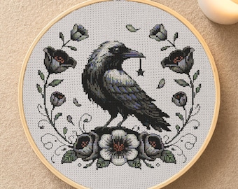 Gothic Raven Cross Stitch Pattern Gothic Raven Floral Embroidery Dark Fantasy Bird Magical Witchy Halloween Lover Cross Stitch PDF Beginner