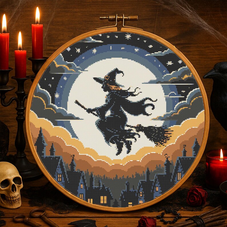 Flying Witch Halloween Cross-Stitch Pattern – Broomstick Witch Soaring Over Haunted Town with Full Moon
This atmospheric pattern features a bold silhouette of a witch flying on her broomstick across a glowing full moon, surrounded by layered twilight clouds and a starry sky. Below, dark rooftops and pointed turrets create a charmingly spooky village, perfect for Halloween decor and seasonal stitching.