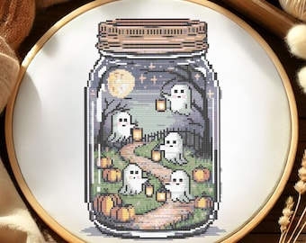 Halloween Ghost Parade Cross Stitch Pattern Spooky Halloween Cute Ghosts in a Jar  Embroidery Ghost With Pumpkins Cross Stitch PDF Beginner