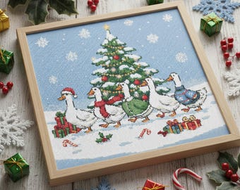 Patrón de punto de cruz de gansos navideños: PDF de bordado navideño con árbol festivo y copos de nieve
