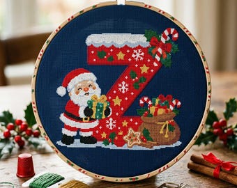 Patrón de punto de cruz con monograma navideño Z: Saco de regalos de Papá Noel, acebo y bastones de caramelo (PDF para bordar)
