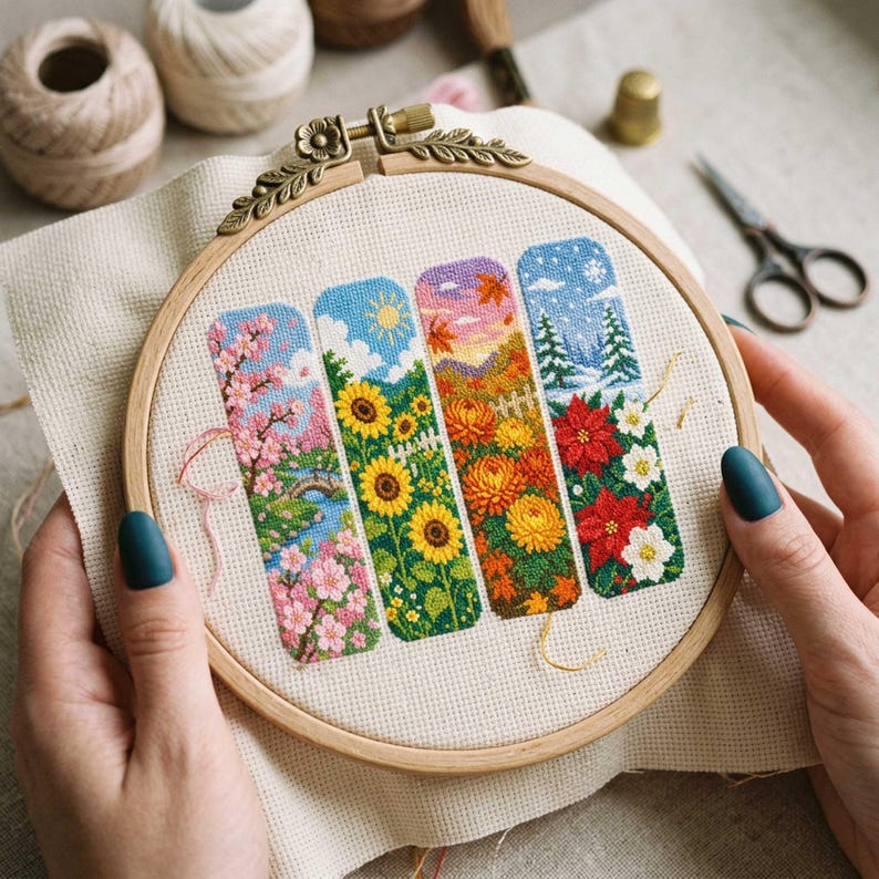 This cross stitch bookmark collection celebrates the beauty of all four seasons through detailed floral and landscape scenes. Spring features blooming cherry blossoms and a peaceful stream, summer showcases vibrant sunflowers beneath a sunny sky, autumn glows with warm golden chrysanthemums and colorful falling leaves, while winter presents elegant poinsettias against a snowy landscape. Together, the designs create a stunning seasonal journey through nature's changing beauty.