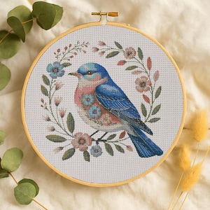 Bluebird in Floral Wreath Cross Stitch Pattern Spring Bird Embroidery Floral Bluebird  Nature Needlework Botanical Songbird Cross Stitch PDF