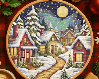 Christmas Winter Night Village Cross Stitch Pattern Holiday Village Under Moonlight Embroidery Pattern Christmas Holiday Decor Cross Stitch
