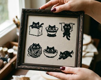 Modèle de point de croix chat noir : dessin animé drôle de chats, boîte à laine, jeu de broderie PDF