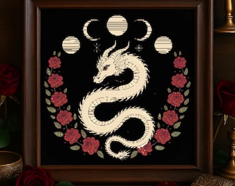 Celestial Dragon and Moon Cross Stitch Pattern, Mystical Florals Dragon Halloween Embroidery, Fantasy Spooky Red Rose beginner Stitching