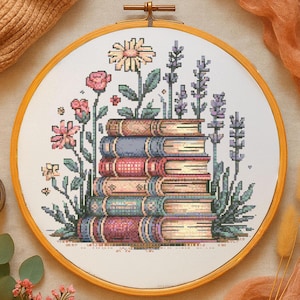 Botanical Book Stack Cross Stitch Pattern Vintage Book and Flower Embroidery Floral Bookshelf Cross Stitch Cottagecore Stitching Book Lovers