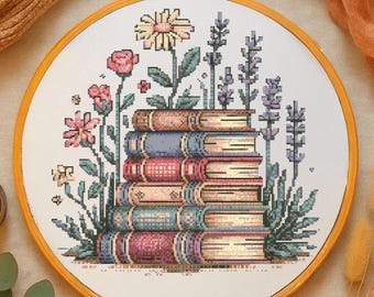 Botanical Book Stack Cross Stitch Pattern Vintage Book and Flower Embroidery Floral Bookshelf Cross Stitch Cottagecore Stitching Book Lovers