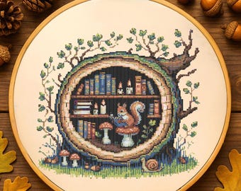 Enchanted Forest Library Cross Stitch Pattern Whimsical Squirrel Library in a Tree Trunk Embroidery Cozy Woodland Scene Cross Stitch PDF