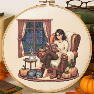 Autumn Girl Reading in Cozy Chair Cross Stitch Pattern Peaceful Woman Reading by the Window Embroidery Perfect Cross Stitch For Book Lovers