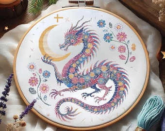 Floral Dragon Cross Stitch Pattern. Fantasy Mythical Creature Embroidery. Elegant Chinese Dragon Cross Stitch, Floral Dragon Needlework