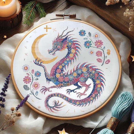 Floral Dragon Cross Stitch Pattern. Fantasy Mythical Creature Embroidery. Elegant Chinese Dragon Cross Stitch, Floral Dragon Needlework