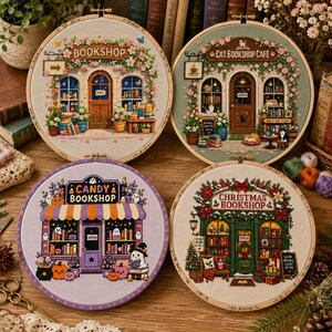 A warm boho orange Etsy listing photo for a 36 Bookshop Cross Stitch Bundle, featuring cozy embroidered bookstore designs displayed inside wooden embroidery hoops. The image has a soft autumn-inspired background with burnt orange, cream, beige, and brown tones, decorated with dried flowers, lace, leaves, vintage paper textures, and handmade craft details. The center text highlights “36 Bookshop Bundle” and “Cross-Stitch Patterns,” making the product clear for buyers who love cozy bookstores,