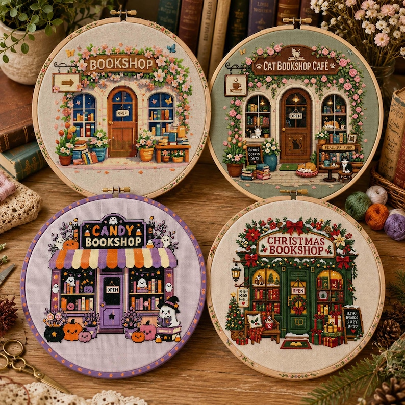 A warm boho orange Etsy listing photo for a 36 Bookshop Cross Stitch Bundle, featuring cozy embroidered bookstore designs displayed inside wooden embroidery hoops. The image has a soft autumn-inspired background with burnt orange, cream, beige, and brown tones, decorated with dried flowers, lace, leaves, vintage paper textures, and handmade craft details. The center text highlights “36 Bookshop Bundle” and “Cross-Stitch Patterns,” making the product clear for buyers who love cozy bookstores,