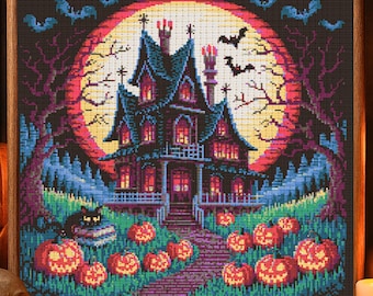 Padrão de ponto cruz de casa mal-assombrada vitoriana assustadora de Halloween Padrão de bordado de casa gótica de Halloween Casa aconchegante de ponto cruz de Halloween