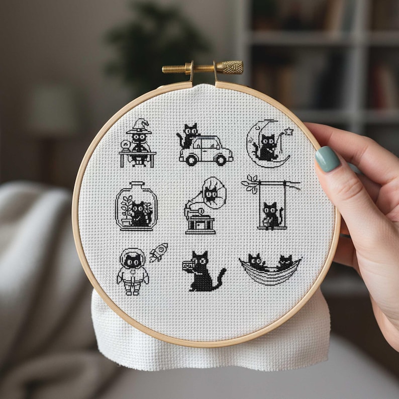 This fantasy cross-stitch pattern features a hobbit-style cottage illustrated across all four seasons, each framed within a decorative postage stamp border. Spring blooms with soft flowers and gentle sunlight, summer glows with lush greenery, autumn warms the scene with golden leaves, and winter settles into a peaceful snowfall beneath a glowing moon. The rounded door, grassy roof, and winding path tie each scene together, creating a cohesive yet varied seasonal collection.