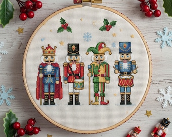 Nutcracker Soldiers Cross Stitch Pattern: Christmas Embroidery PDF with King, Drummer, Jester, and Festive Toy Soldiers