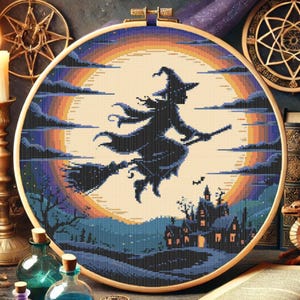 Haunted Night Halloween Cross Stitch Pattern – Witch in Flight with Bats, Stars, and Silhouetted Trees