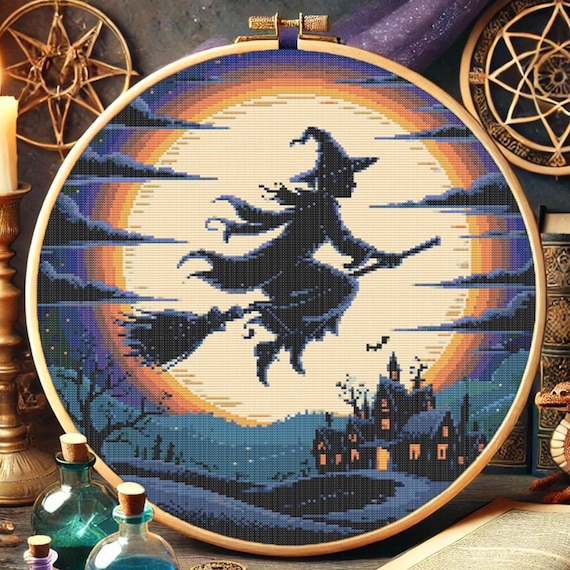 Spooky Witch on Broom Cross Stitch Pattern Halloween Witch Silhouette Embroidery Pattern Moon Witch Flying Cross Stitch Halloween For Lovers