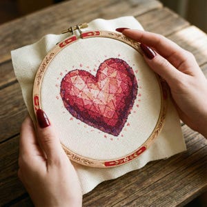 Puede incluir: Bordado de punto de cruz de un corazón geométrico en tonos rojos y rosas. El diseño está sobre tela crema, sujeto en un bastidor de madera con detalles rojos. El proyecto artesanal está listo para exhibir. El bastidor mide aproximadamente 15 cm de diámetro.